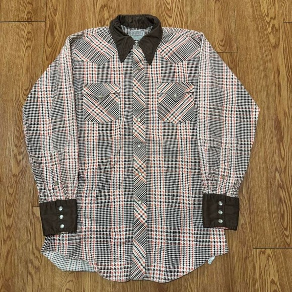 Vintage‎ H Bar C Ranchwear 70s Western Pearl Snap Brown Orange Shirt Measures M - Picture 1 of 8
